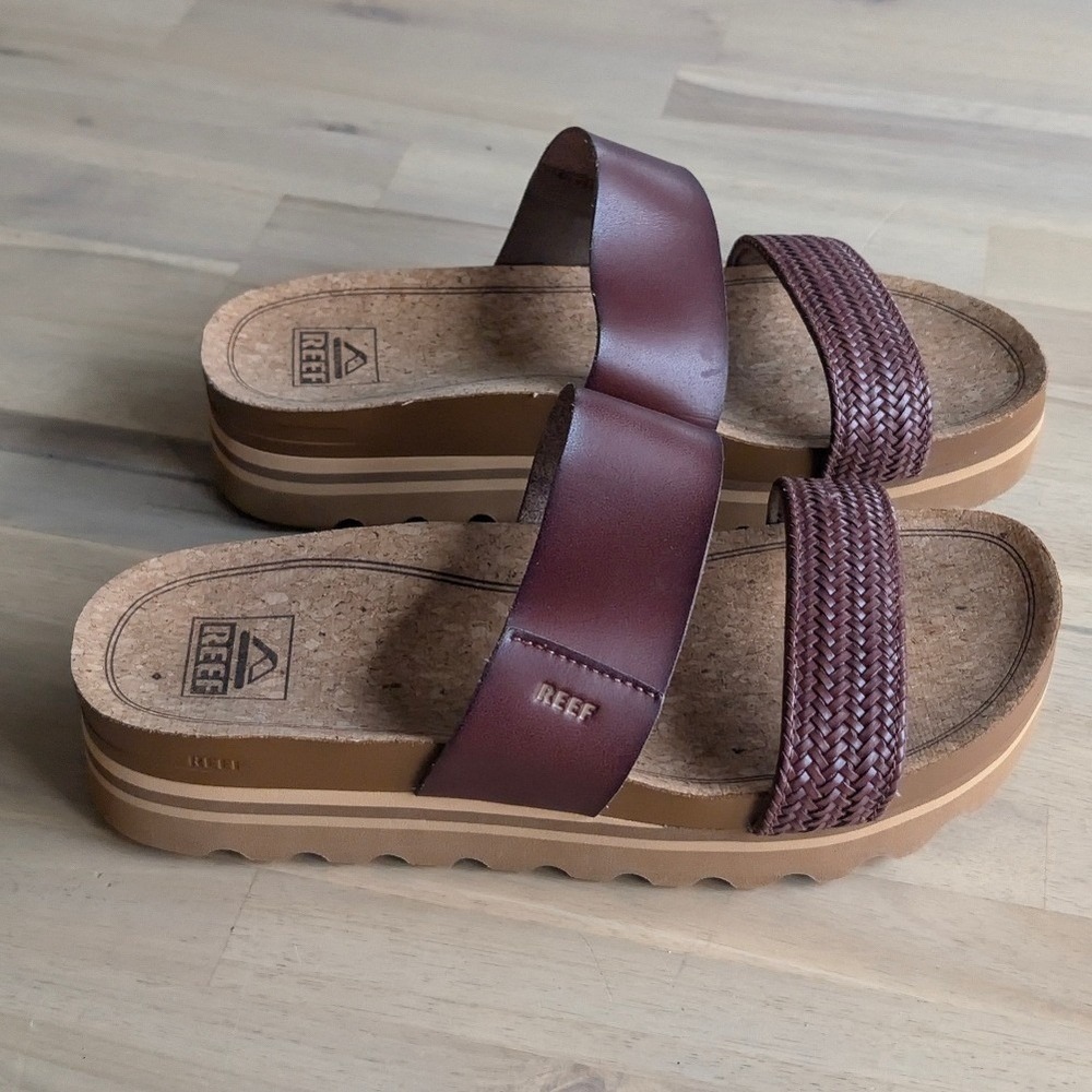 REEF Cushion Vista Hi Mahogany Brown Braided Platform Slide Sandals Size 8 - Picture 2 of 8